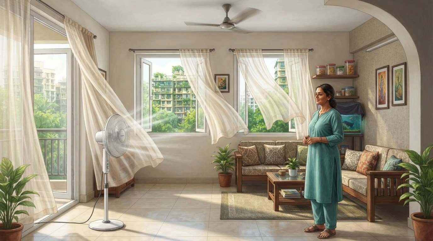 An Indian living room with open windows, fans, sealed food, and one person waiting outside.