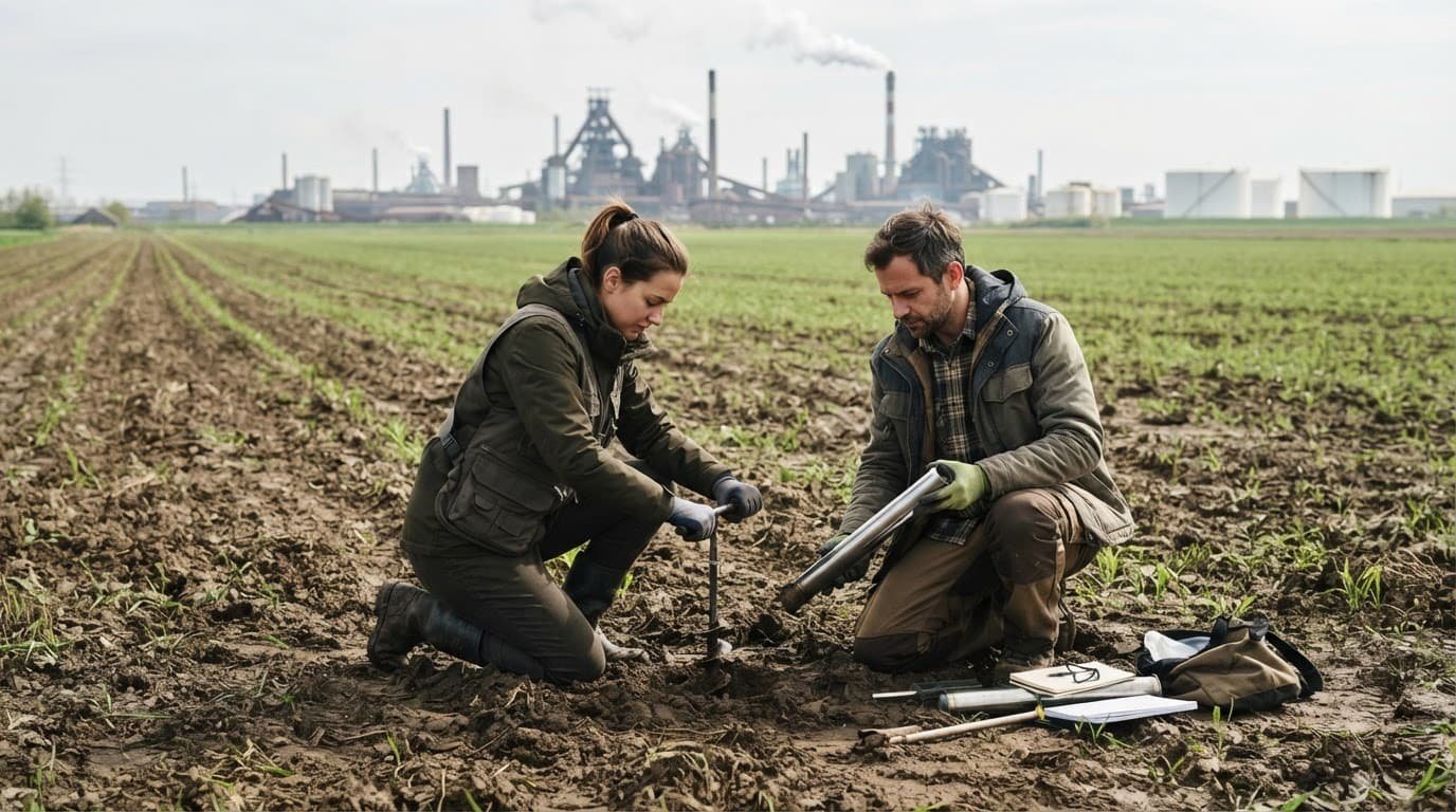 Two researchers collect soil cores in a green field near an industrial area.