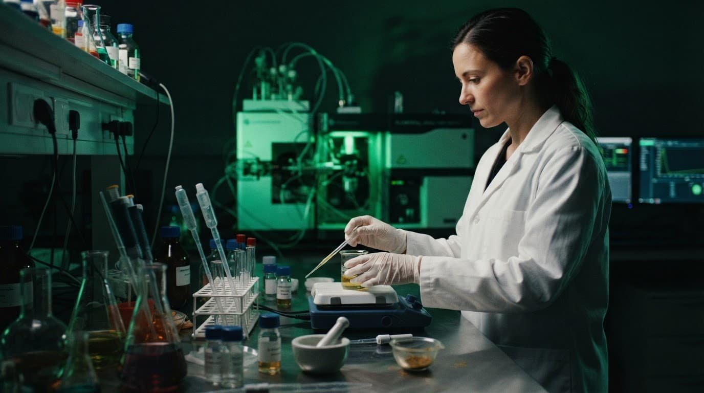A lab-coated scientist examines spice samples beside glassware and testing instruments.