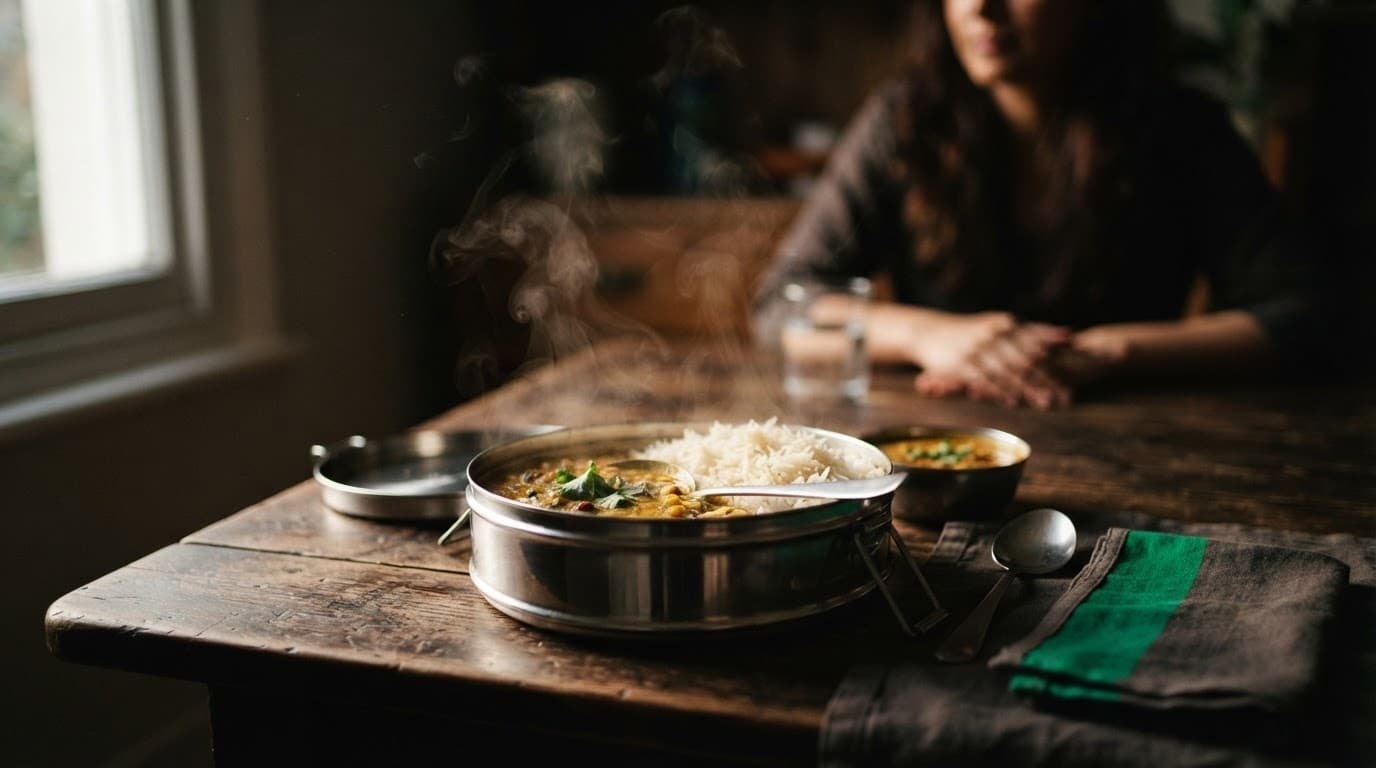 A metal tiffin box beside steaming dal and rice on a wooden table.