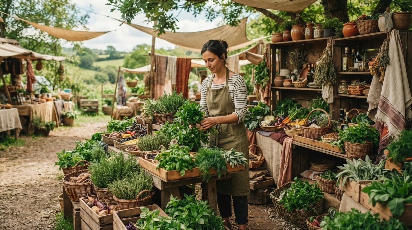 One vendor tends fresh herbs and spices at a sunlit organic market.