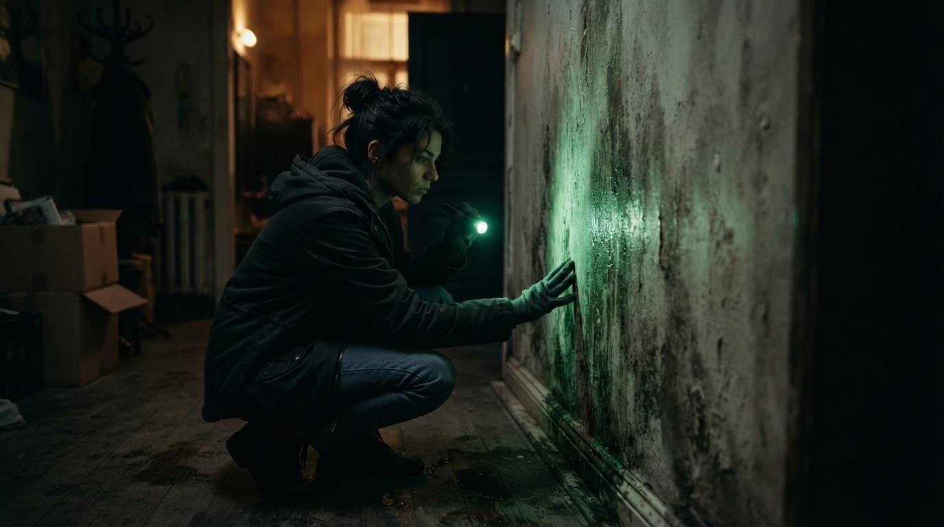 A tenant inspecting damp walls in a dim apartment with green light.