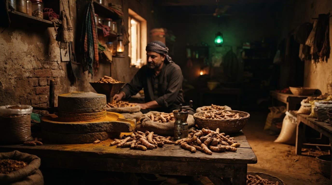 Spice mills and turmeric roots sit on a rustic workbench with one person in the background.
