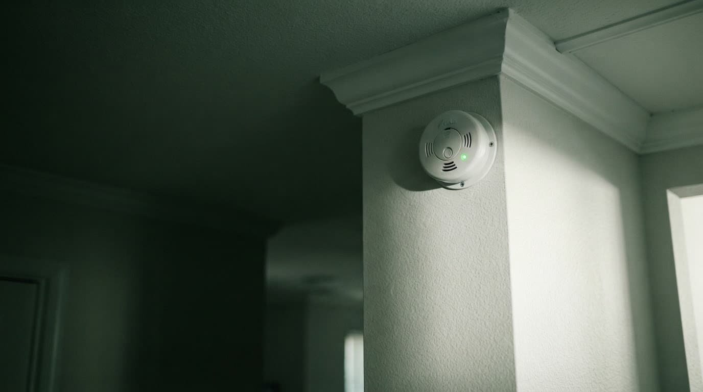 White alarm mounted high on a wall near the ceiling.