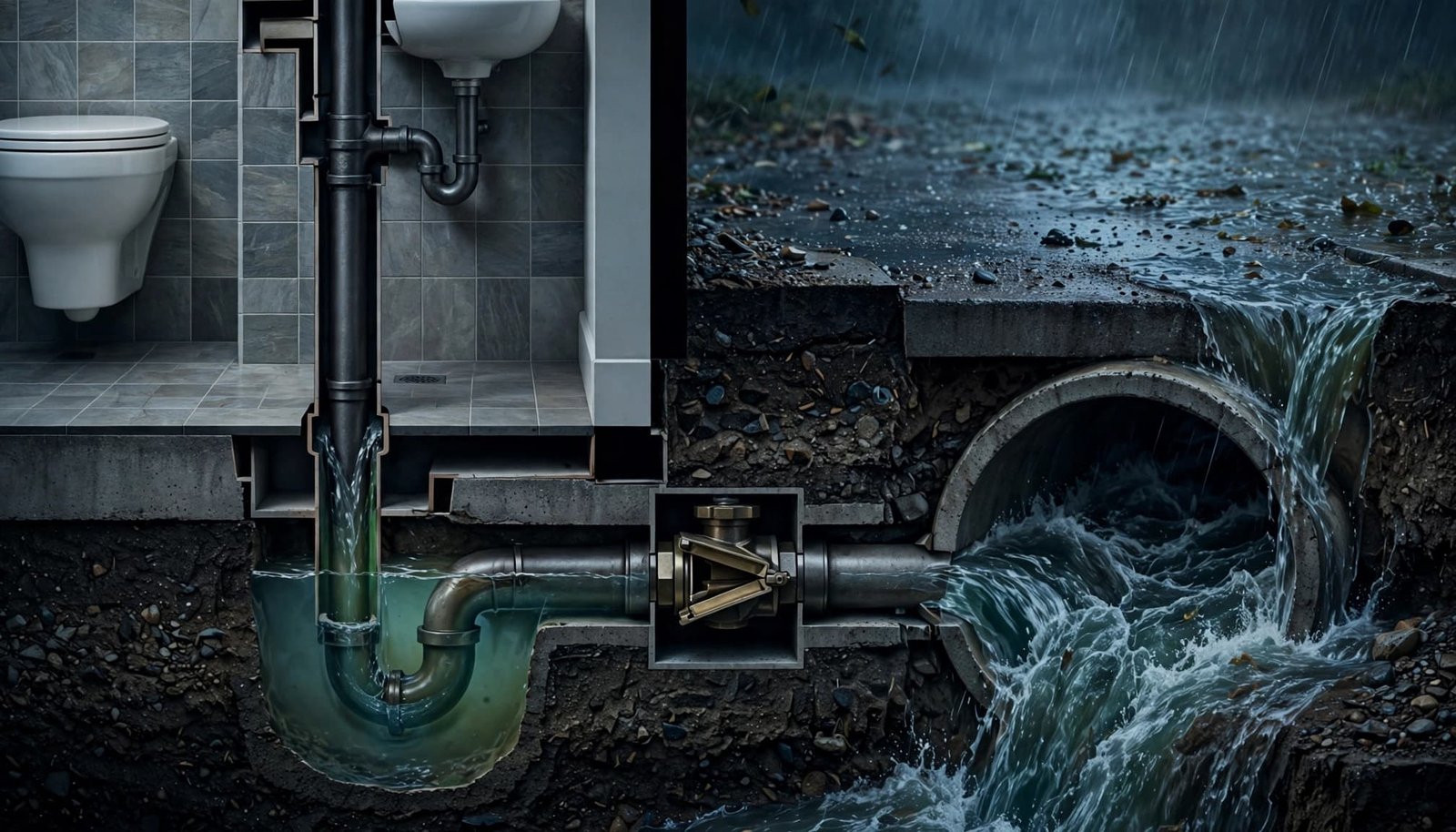 Cutaway apartment plumbing with a backwater valve blocking sewage from flowing backward.