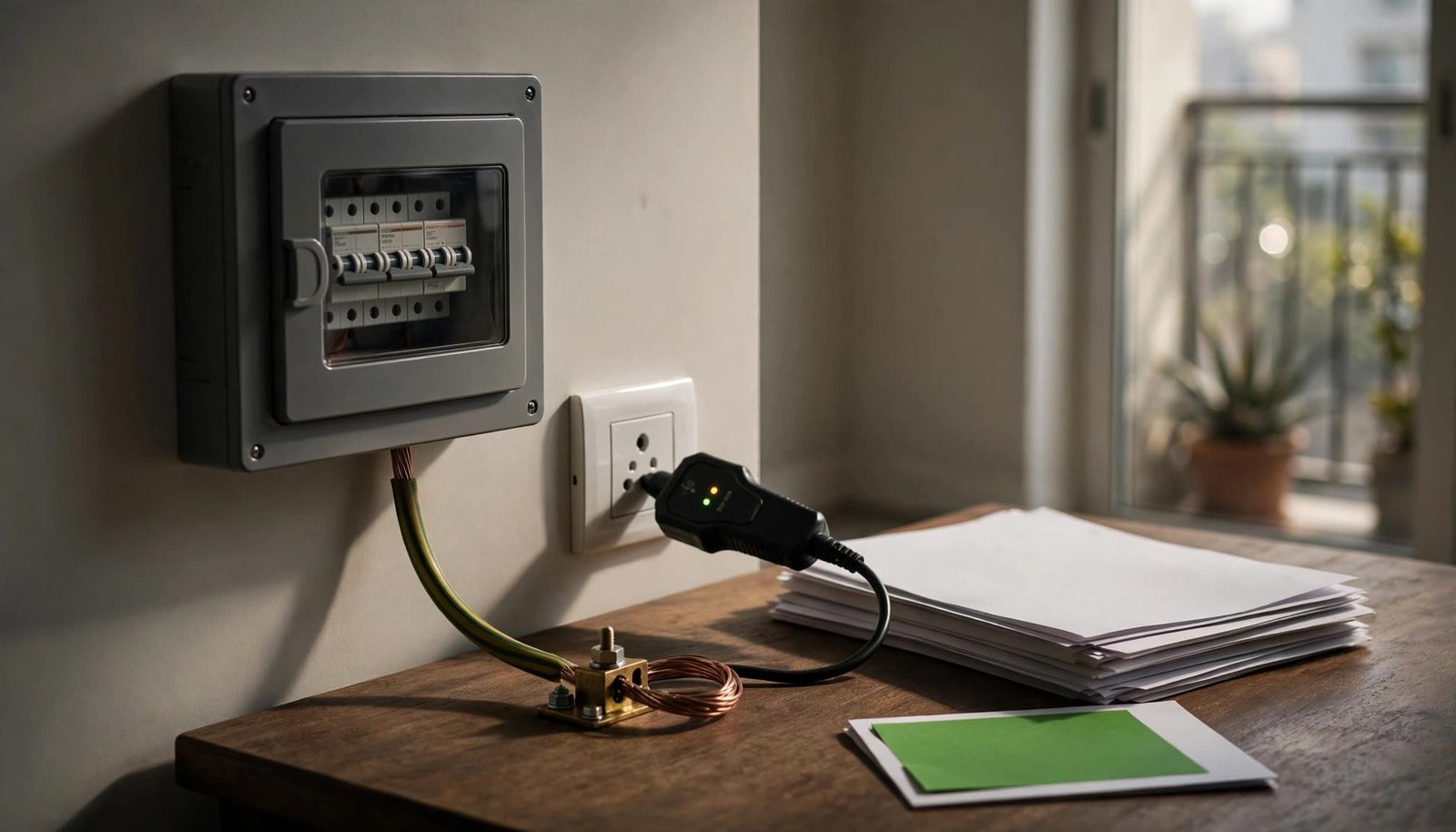 Socket tester, closed electrical board, grounding wire, and tenancy papers on an apartment table.