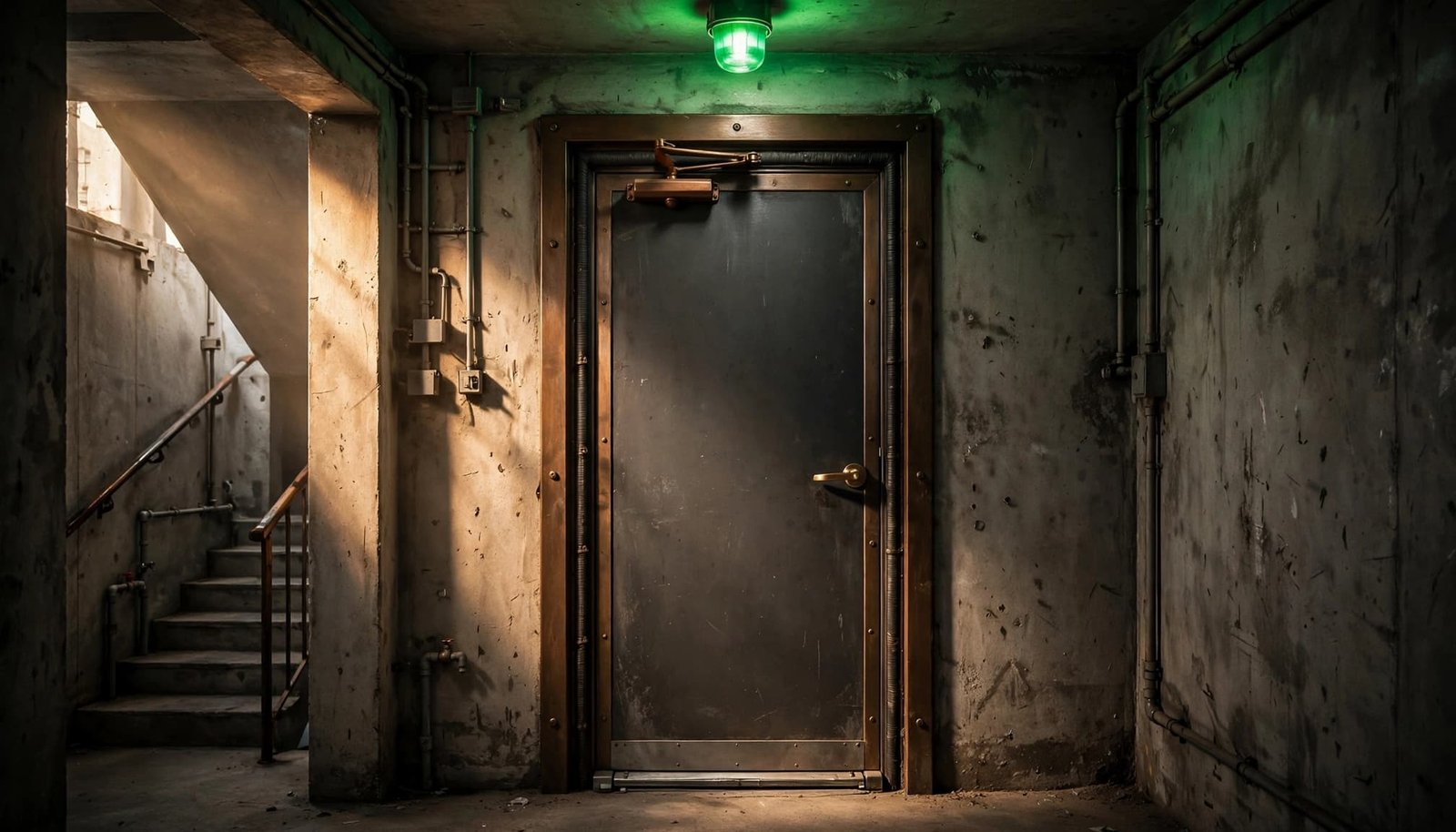 A heavy fire door with a visible seal and closer on a concrete stairwell landing.