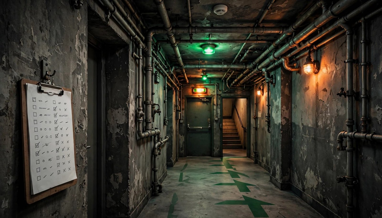 An apartment corridor with fire safety equipment and floor markings leading to stairs.