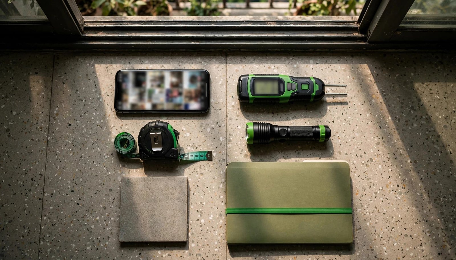 Inspection tools, a folder, and blurred phone photos arranged beside an apartment balcony threshold.
