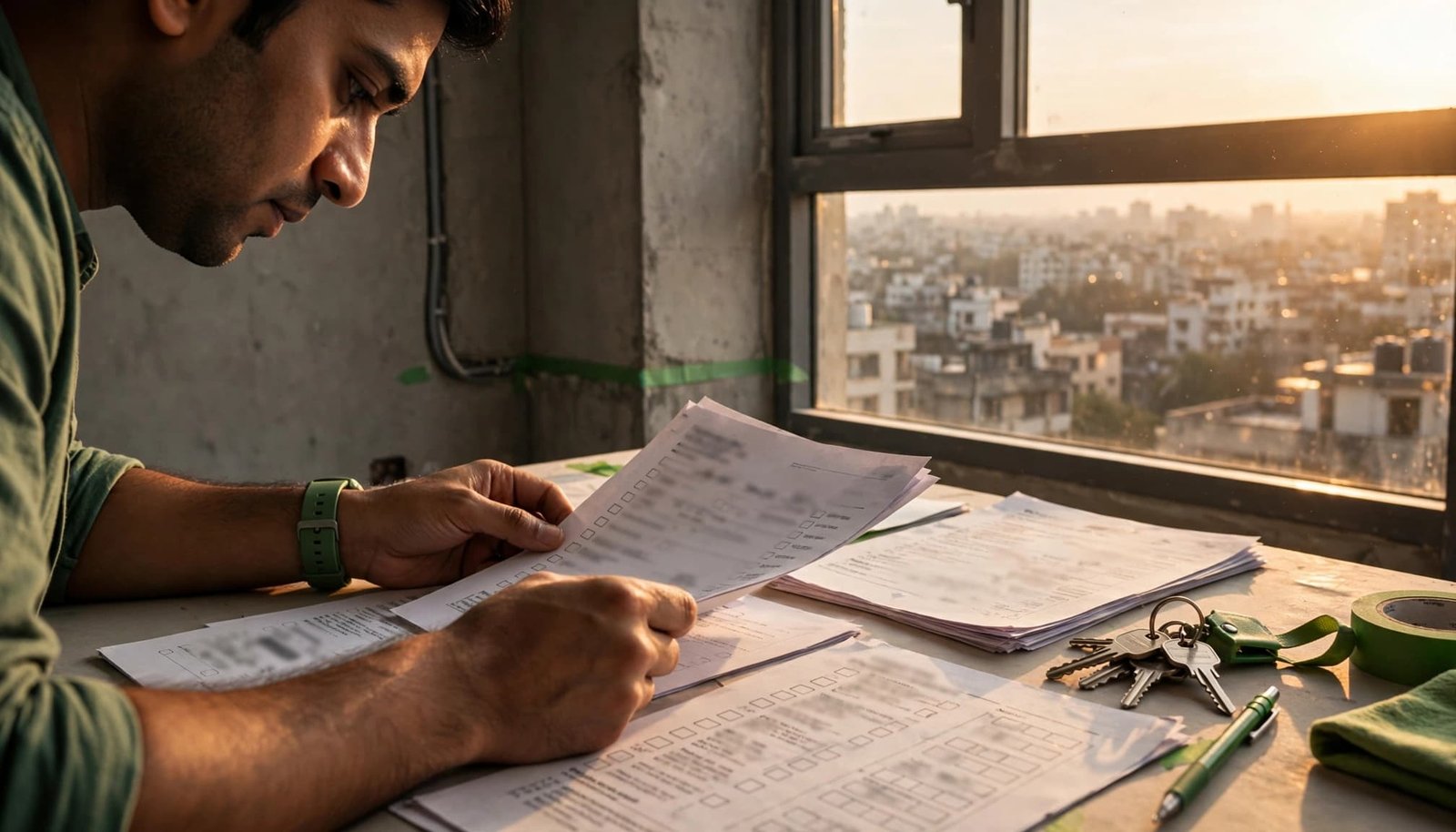 One buyer reviews apartment papers, an inspection checklist, and keys on a table.