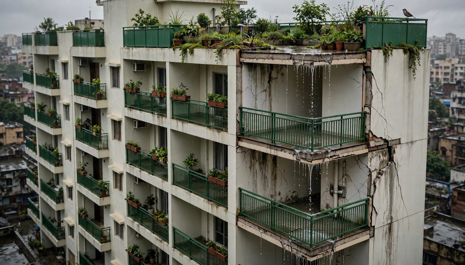 Apartment facade cutaway showing balcony seepage, cracked plaster, pipe repair, and rooftop plants.