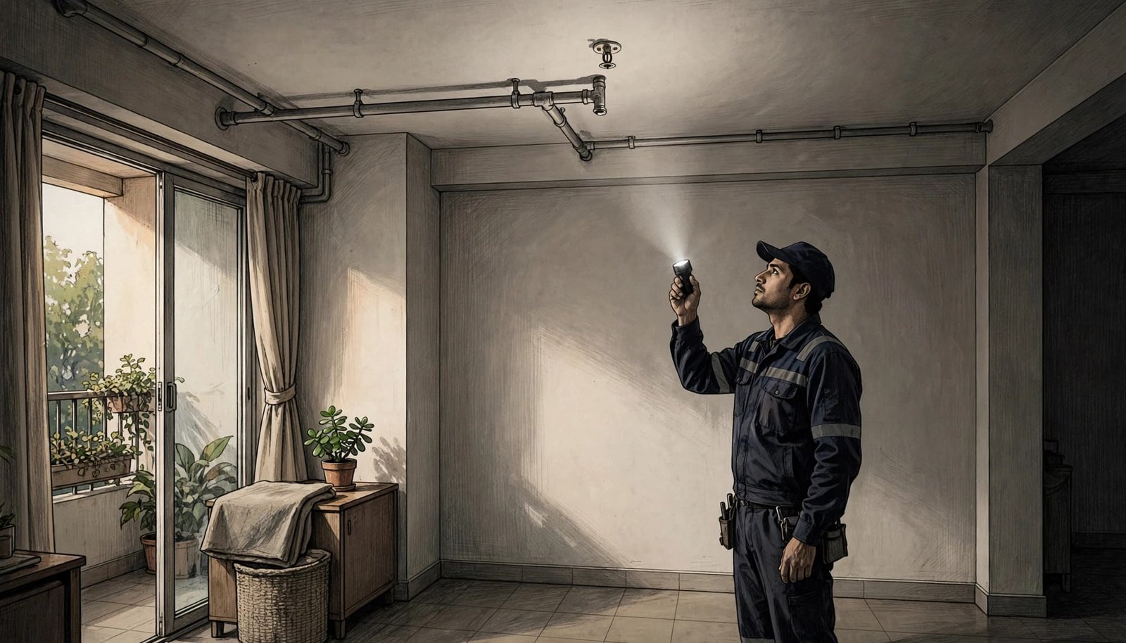 A technician checks a ceiling sprinkler with a small light in an apartment.