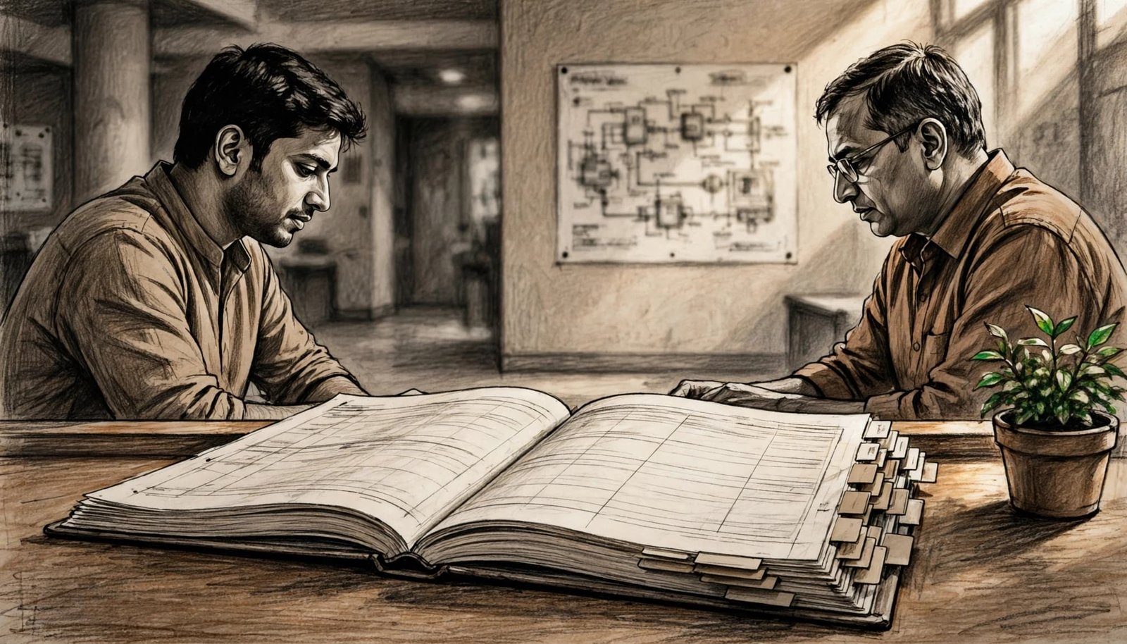 A renter and building manager review an open maintenance logbook at an apartment counter.