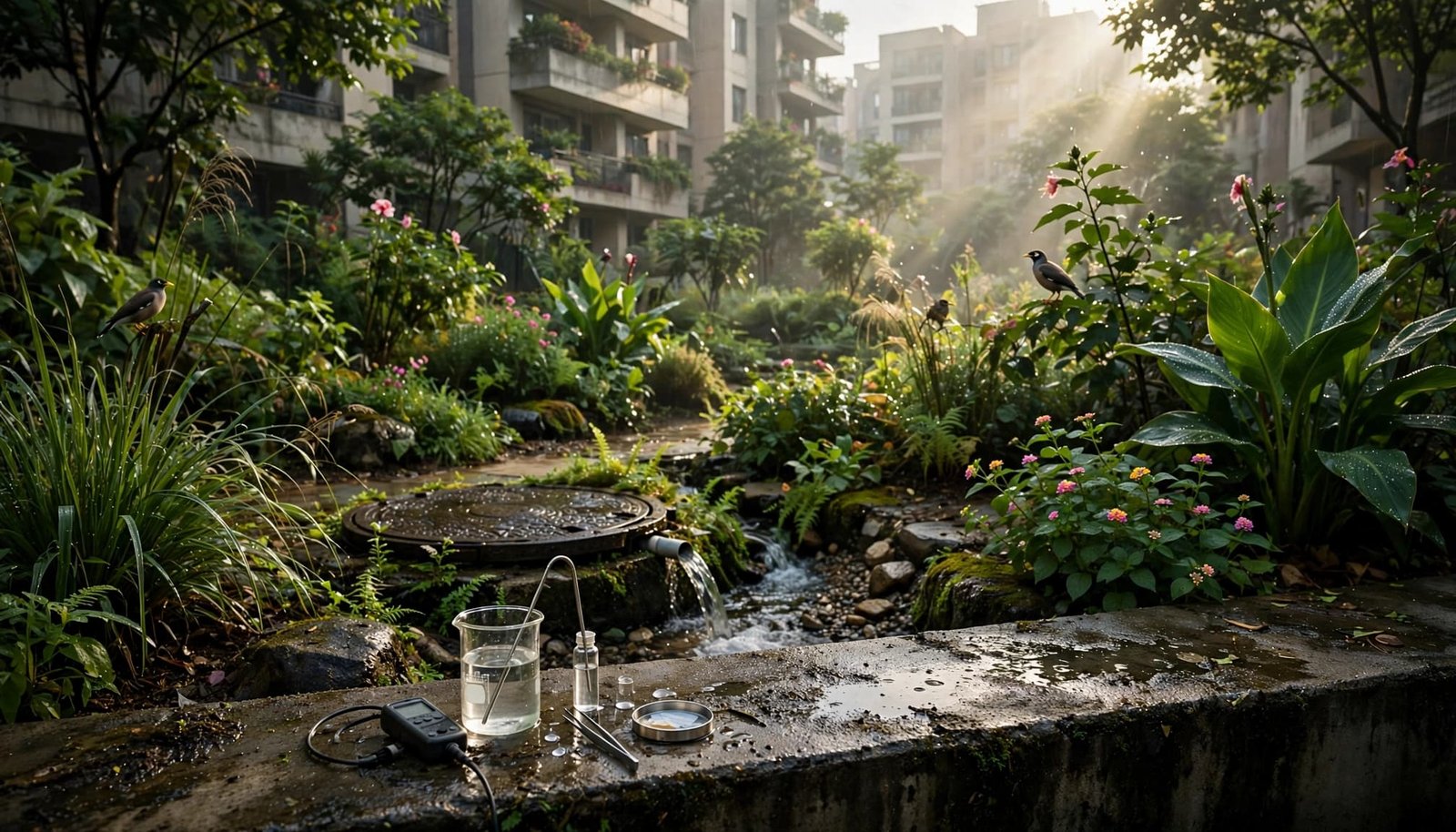 A water sampler and access cover overlook irrigated native plants in a rain-washed apartment courtyard.