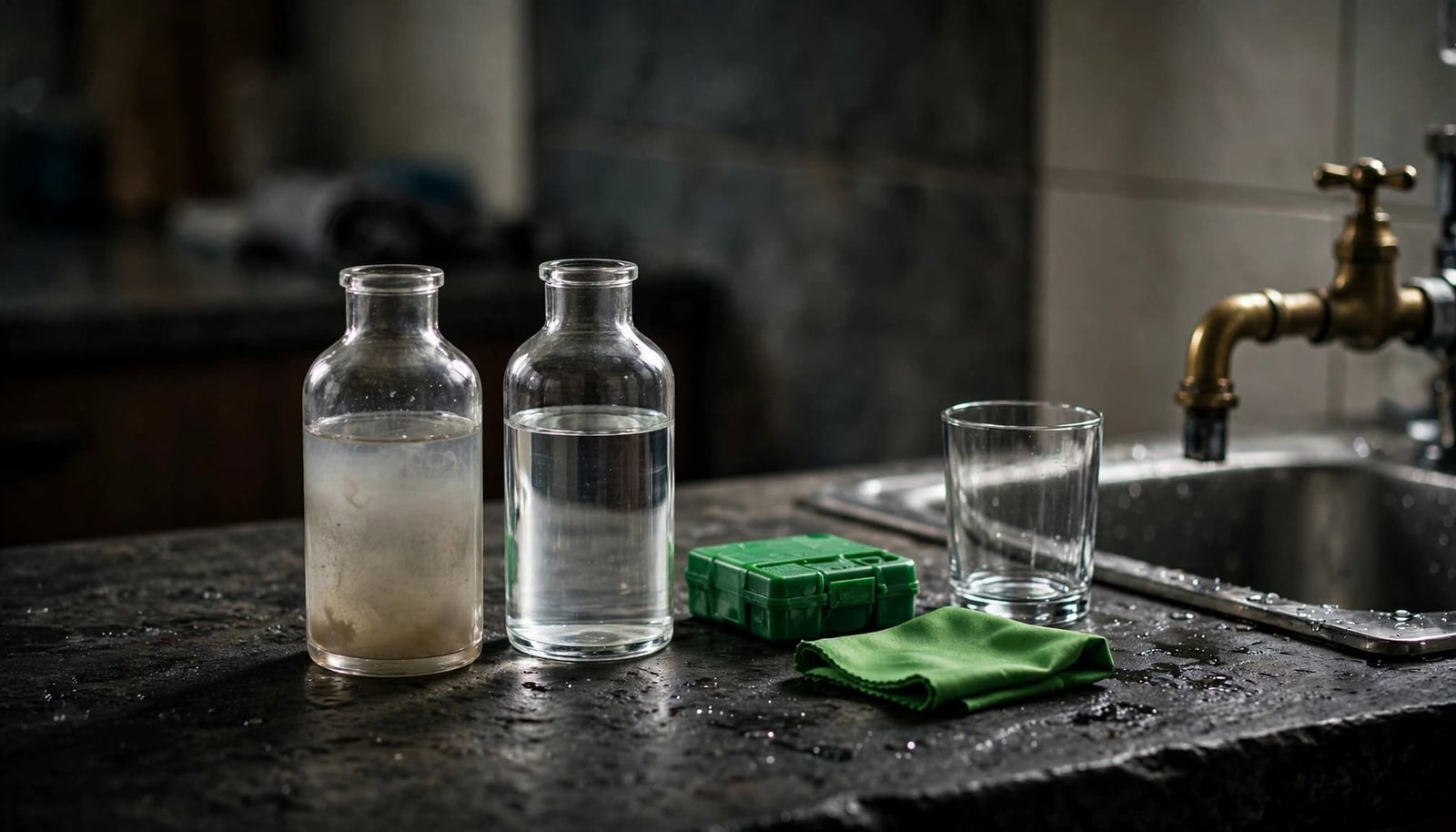 Two water samples with different clarity beside a test kit near a kitchen sink.