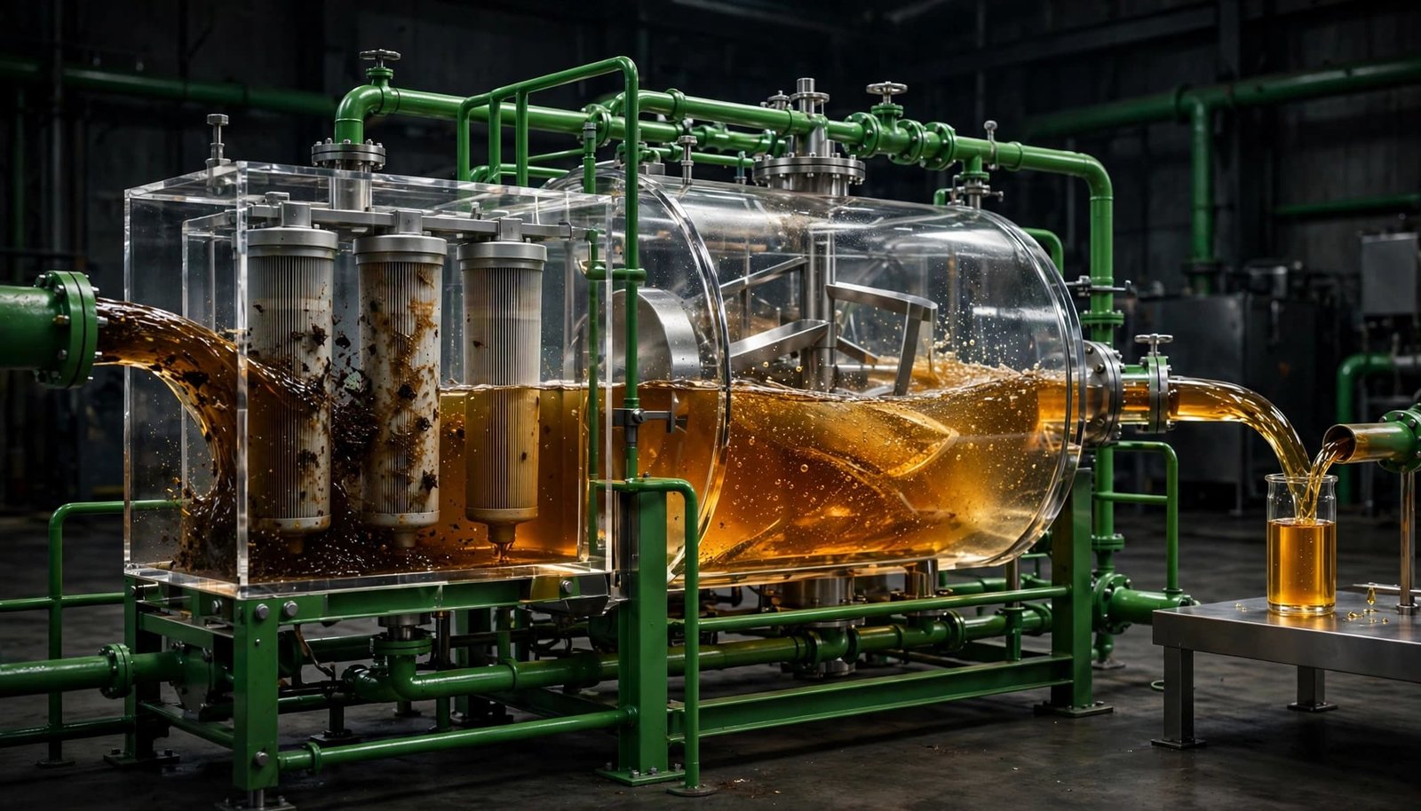Transparent vessel filtering used cooking oil into amber biodiesel beside green pipes.
