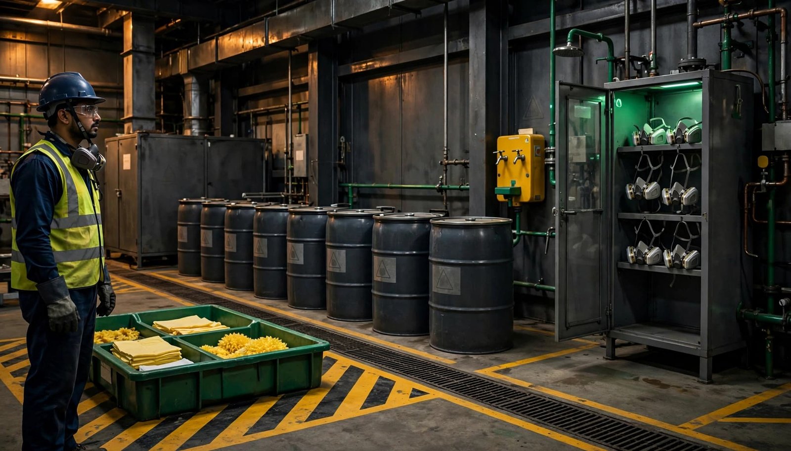Gloved worker beside spill controls and emergency equipment in a chemical storage room.