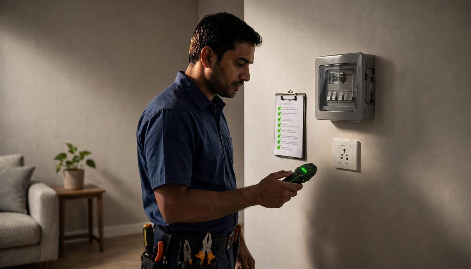 An electrician checks a wall socket and distribution board with a handheld tester.