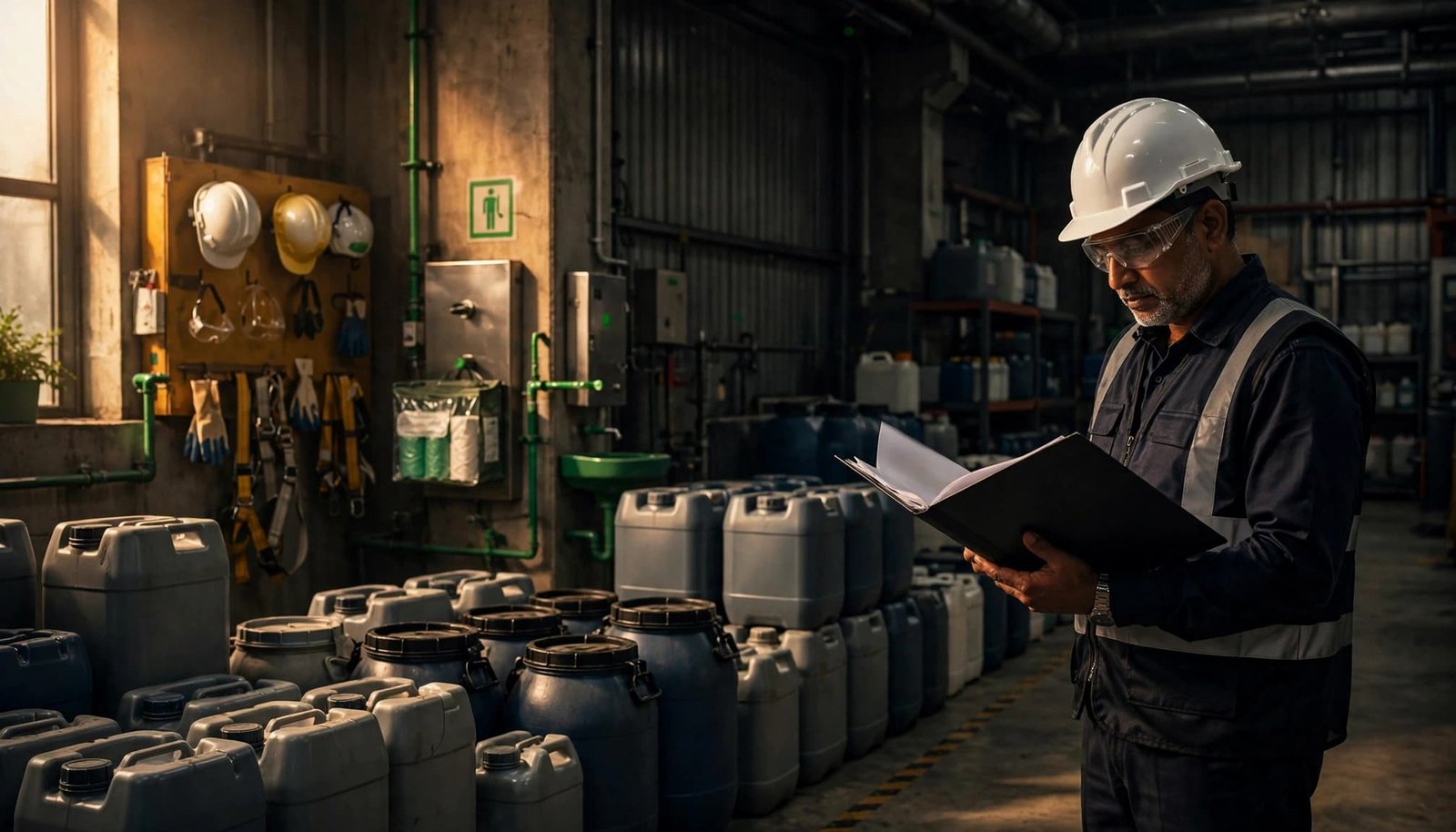Safety officer reviewing a folder beside sealed chemical containers in a warehouse aisle.