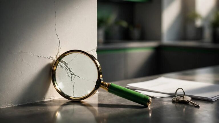 A magnifying glass highlights a crack beside a house key and legal papers.