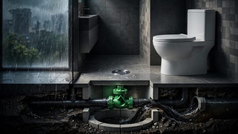 Bathroom drain and toilet above pipes with a green backwater valve blocking sewage flow.