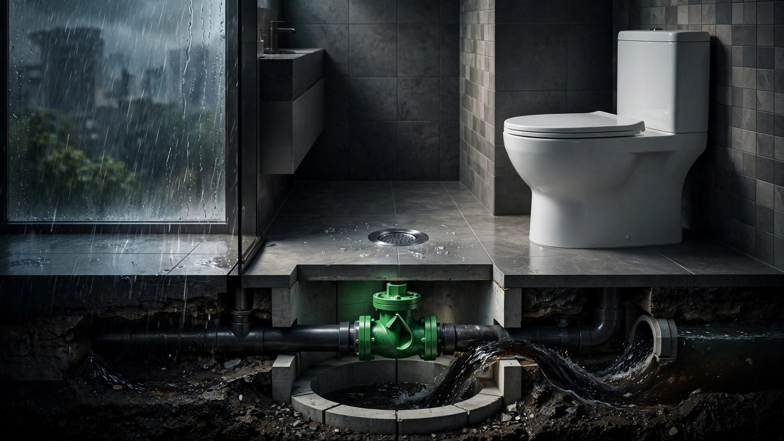 Bathroom drain and toilet above pipes with a green backwater valve blocking sewage flow.
