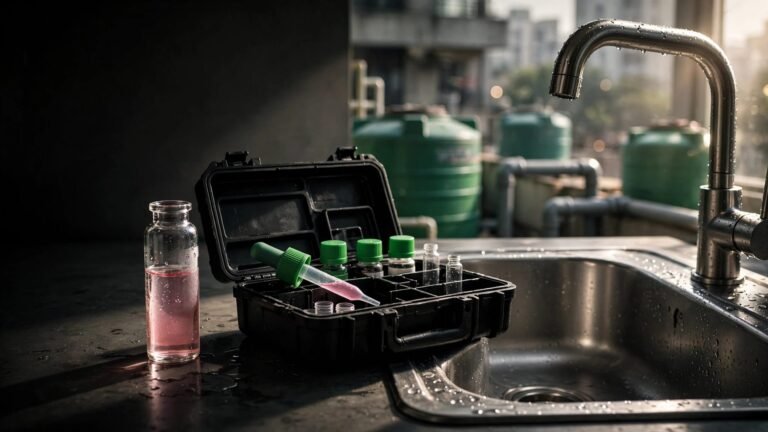 A pink-tinted vial and water-testing kit sit beside a kitchen sink.