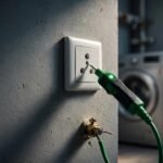 A tester checks a three-pin socket beside a grounding wire in an apartment.