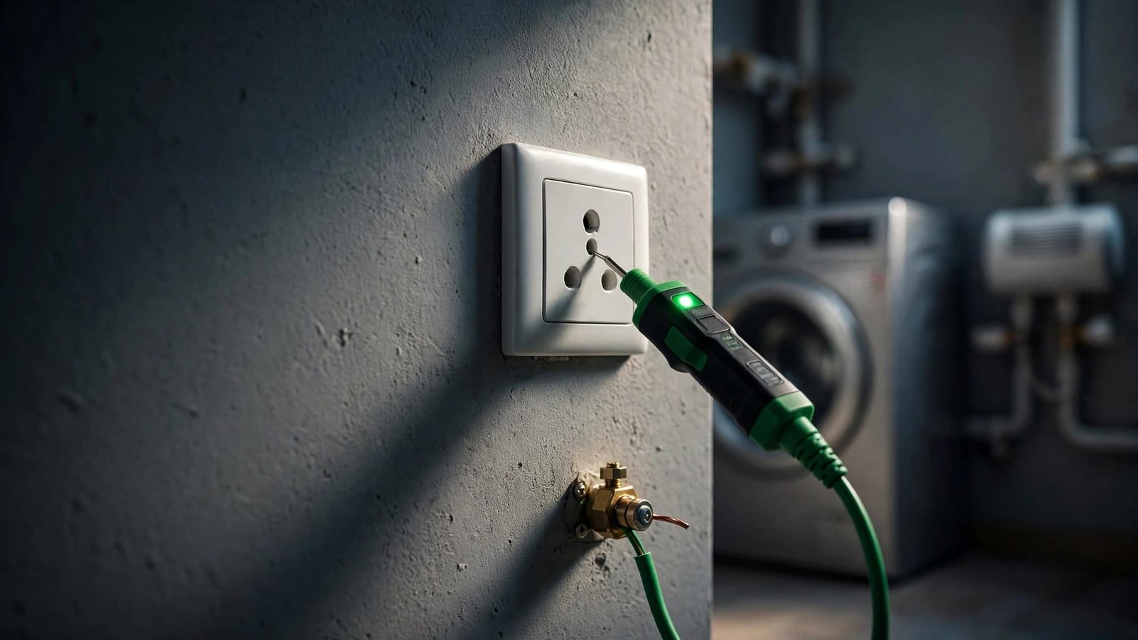 A tester checks a three-pin socket beside a grounding wire in an apartment.