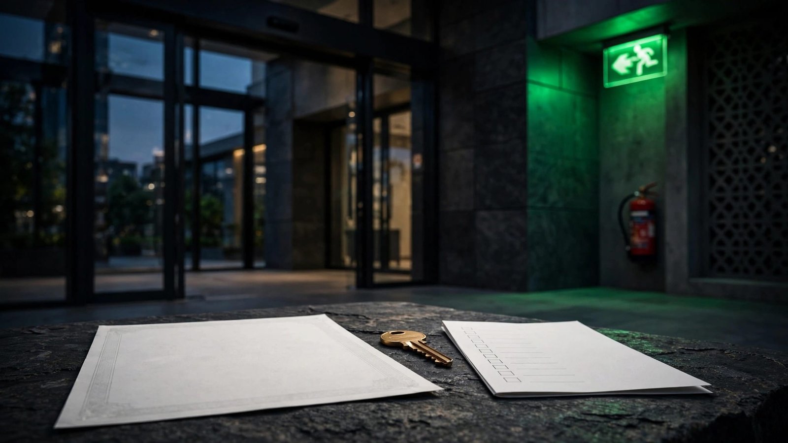 Blank fire certificate, brass key, and checklist outside a building with an illuminated exit sign.