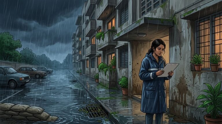 A renter checks a clipboard outside an apartment during heavy rain and flooding.