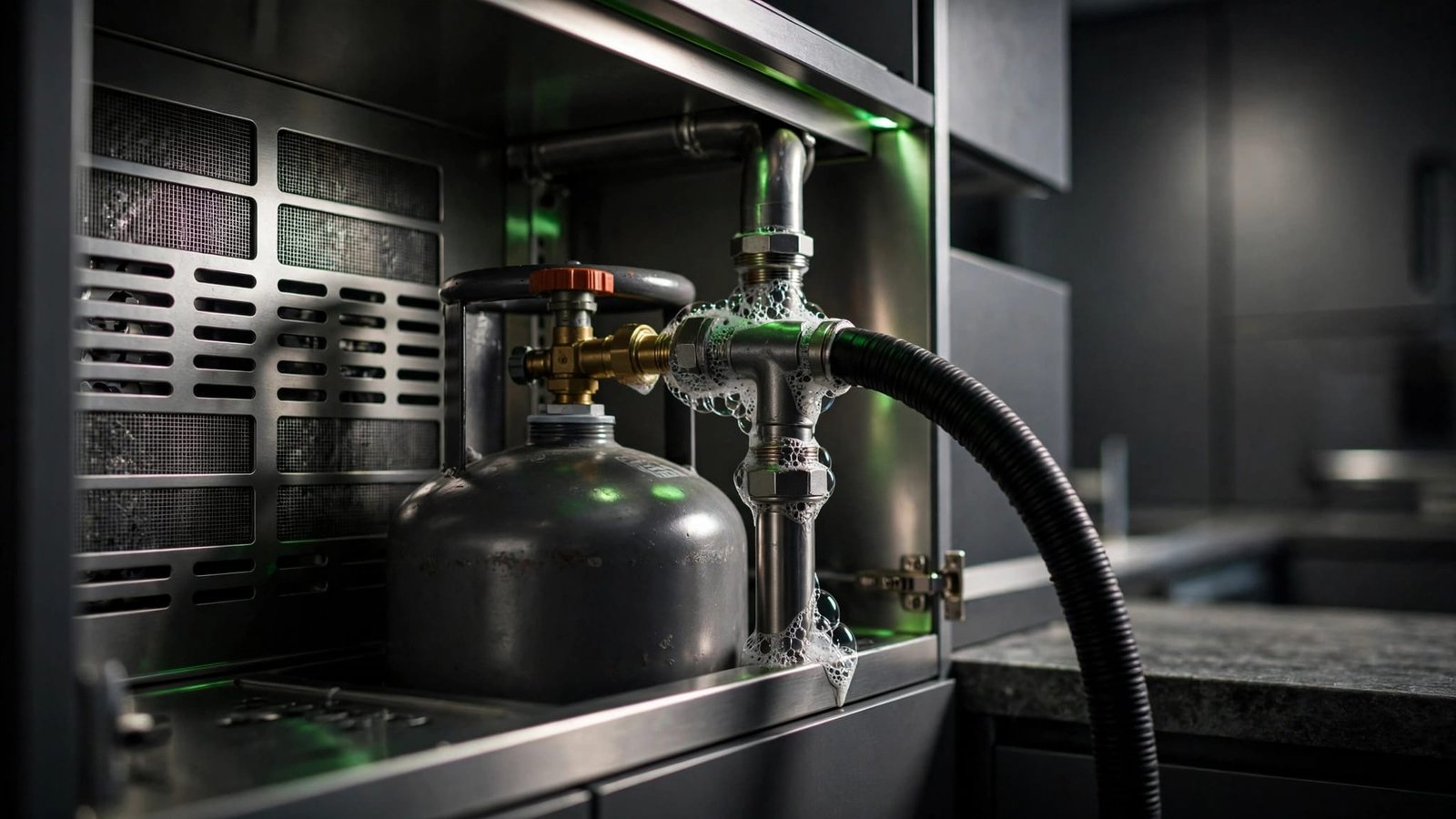 LPG cylinder and hose with soap bubbles around kitchen pipe joints.