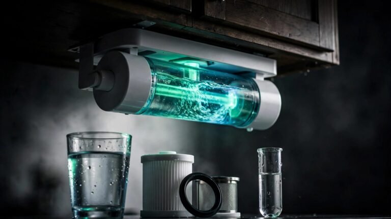 A glowing UV purifier with flowing water, a glass, filters, and a testing vial.