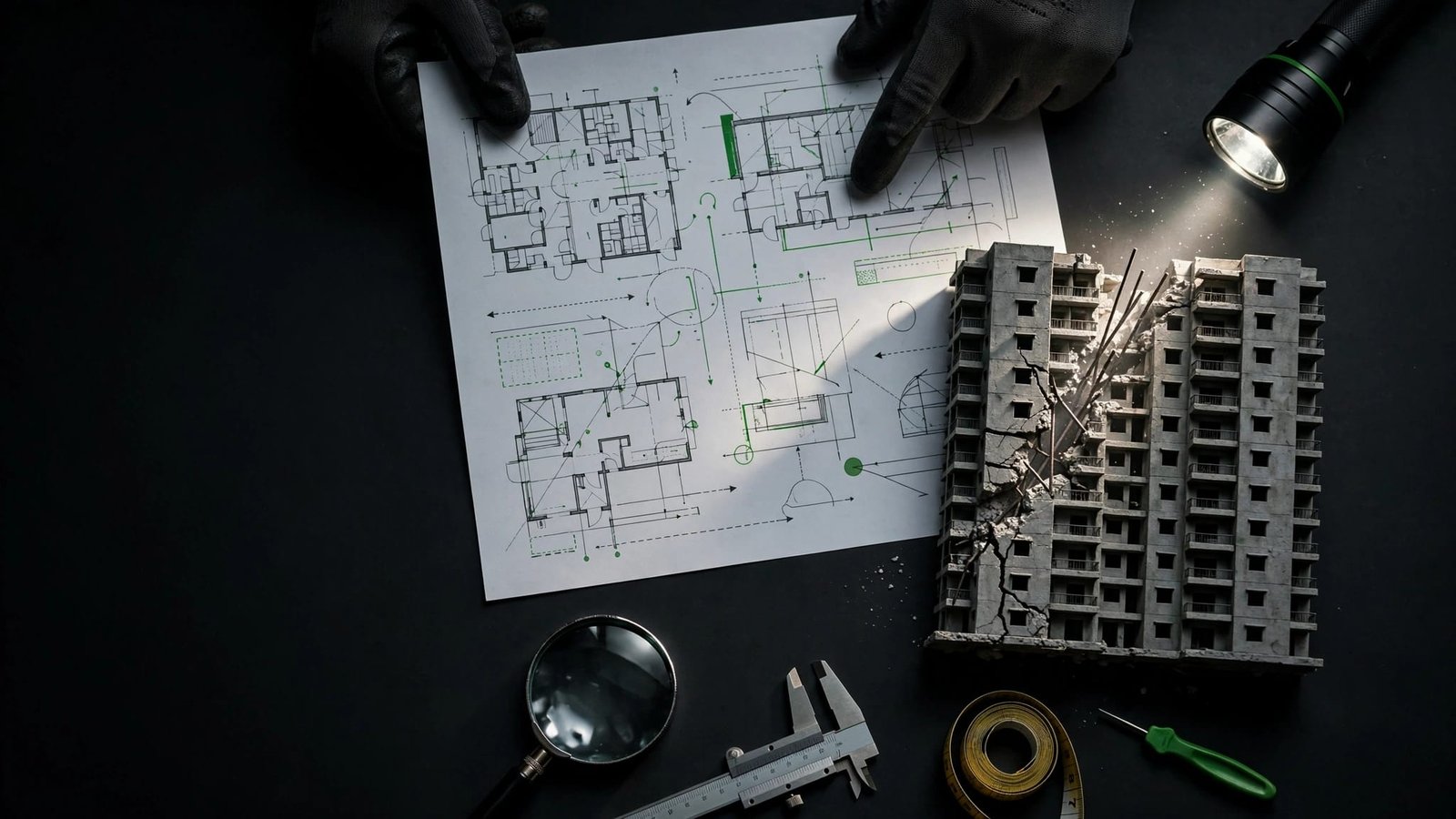 Hands review a building report beside a cracked apartment model and inspection tools.