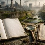An open report and magnifying glass sit before smokestacks and polluted drainage water.