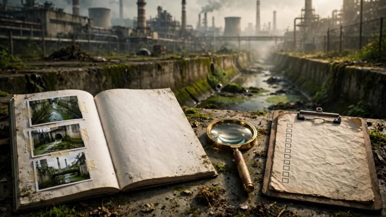 An open report and magnifying glass sit before smokestacks and polluted drainage water.