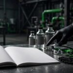 A gloved hand points to a safety sheet beside lab chemicals and protective gear.