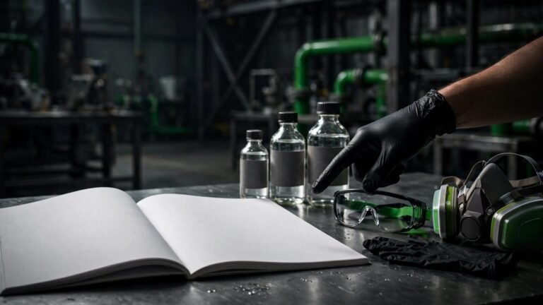 A gloved hand points to a safety sheet beside lab chemicals and protective gear.
