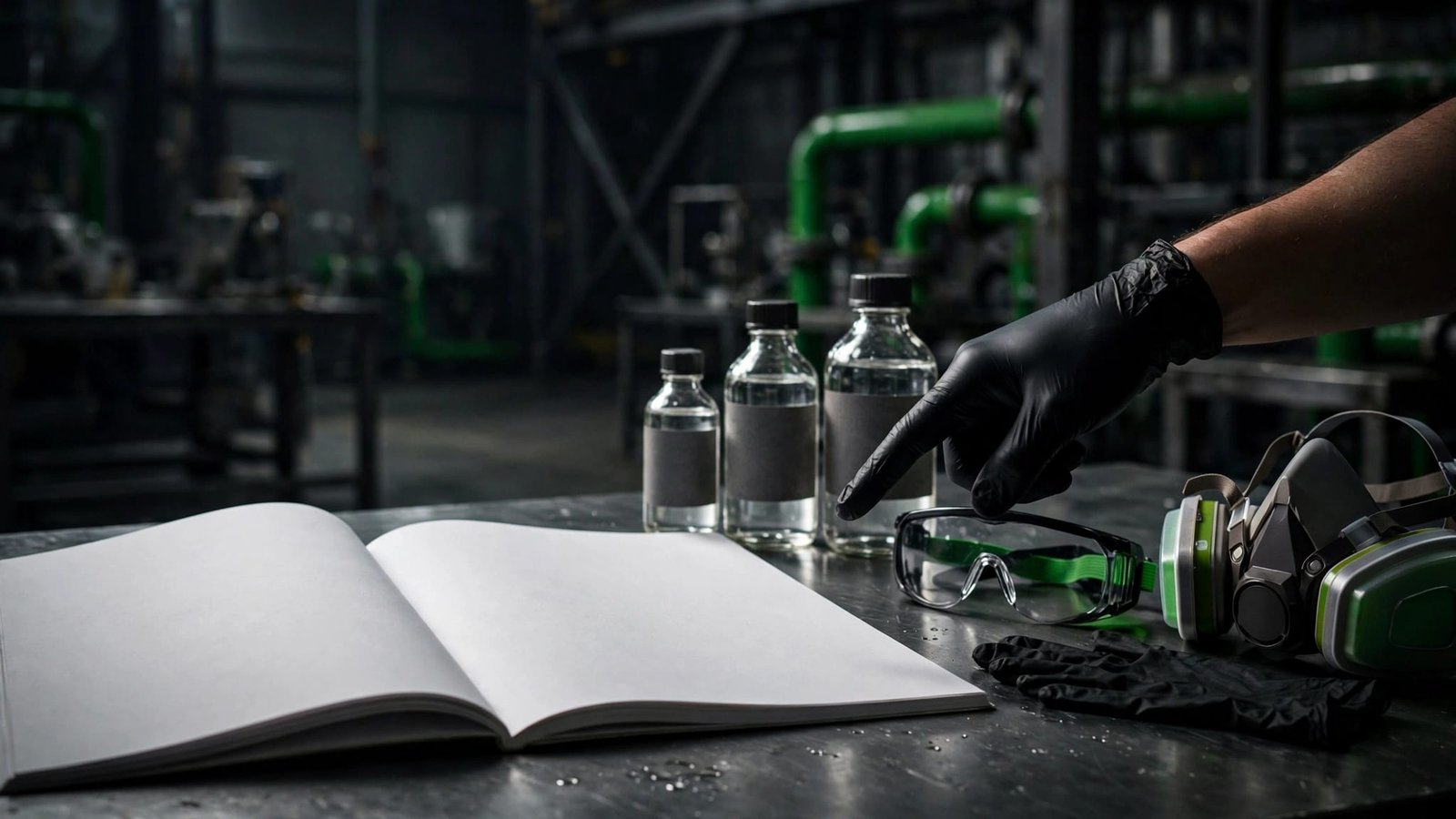 A gloved hand points to a safety sheet beside lab chemicals and protective gear.