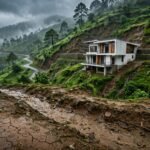 Modern hill home above cracked soil and a muddy drainage channel during monsoon rain.