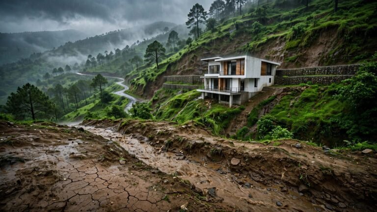 Modern hill home above cracked soil and a muddy drainage channel during monsoon rain.