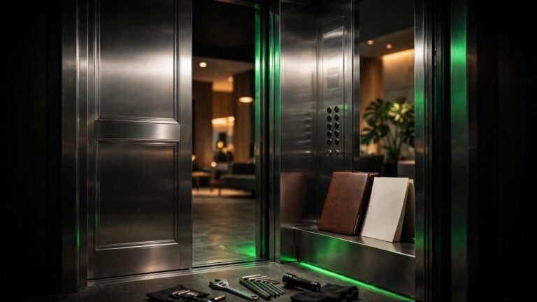 An open apartment elevator with a blank certificate, folder, and maintenance tools.