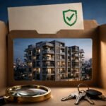 An occupancy certificate, keys, and magnifying glass in front of an apartment building at dusk.