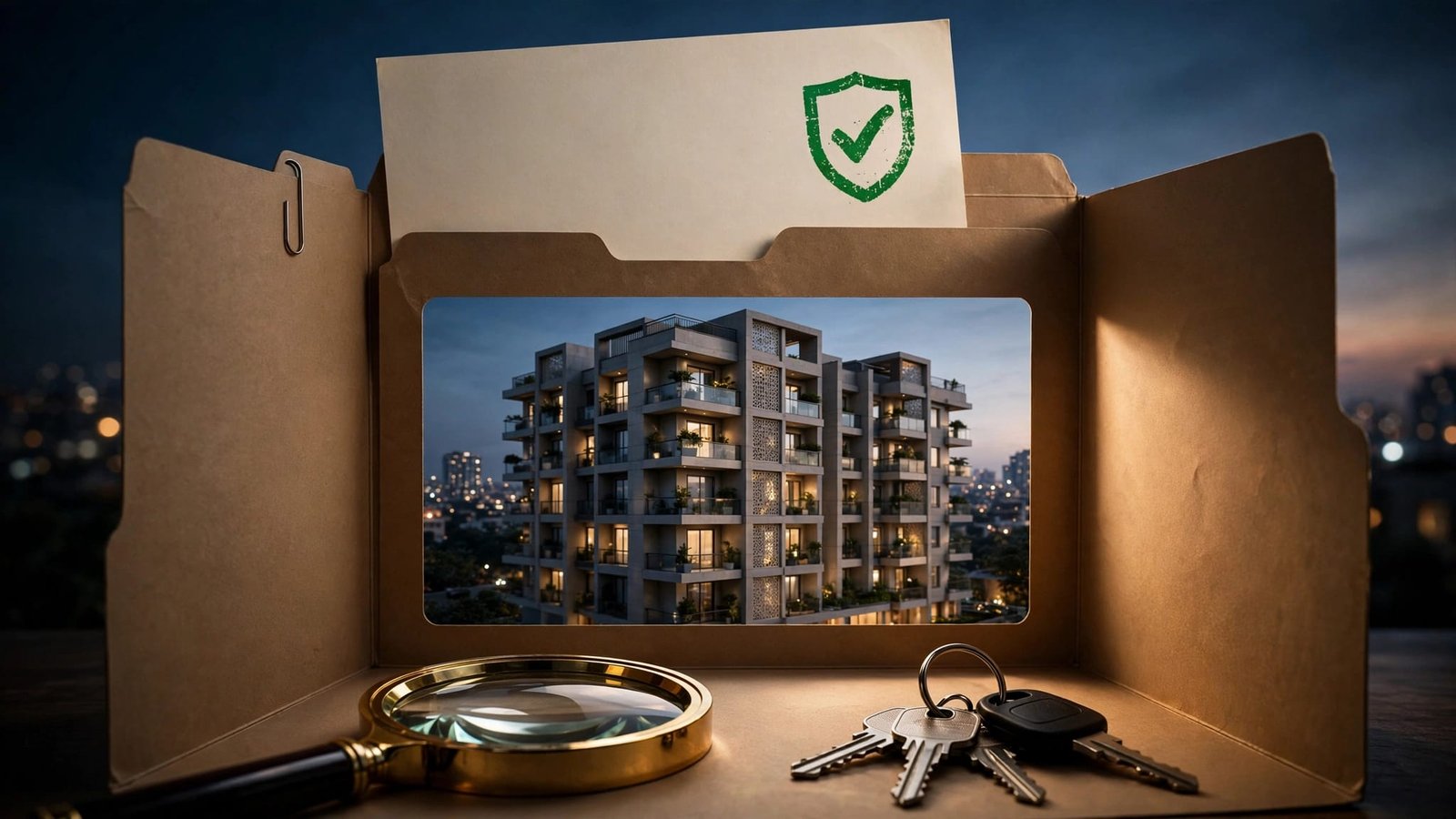 An occupancy certificate, keys, and magnifying glass in front of an apartment building at dusk.