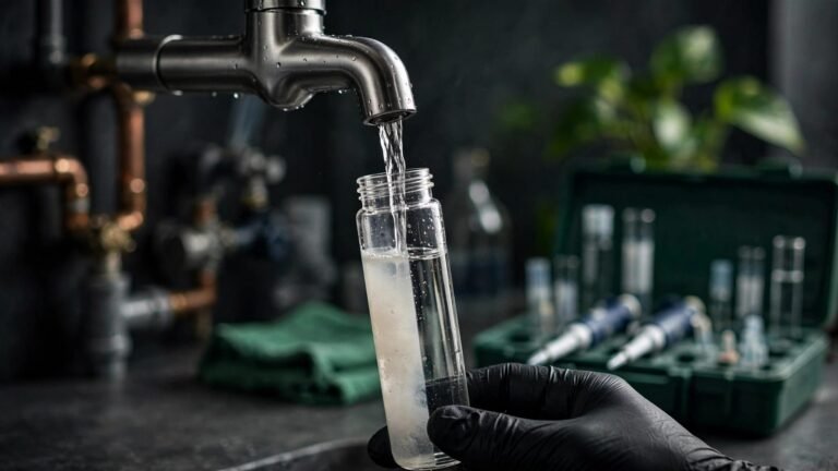A gloved hand collects water from a kitchen tap into a clear vial.