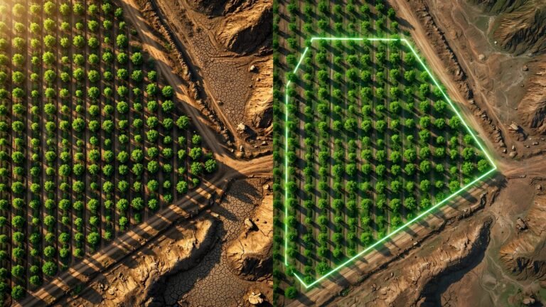 Aerial reforestation site beside a satellite map with a glowing boundary and greener vegetation.