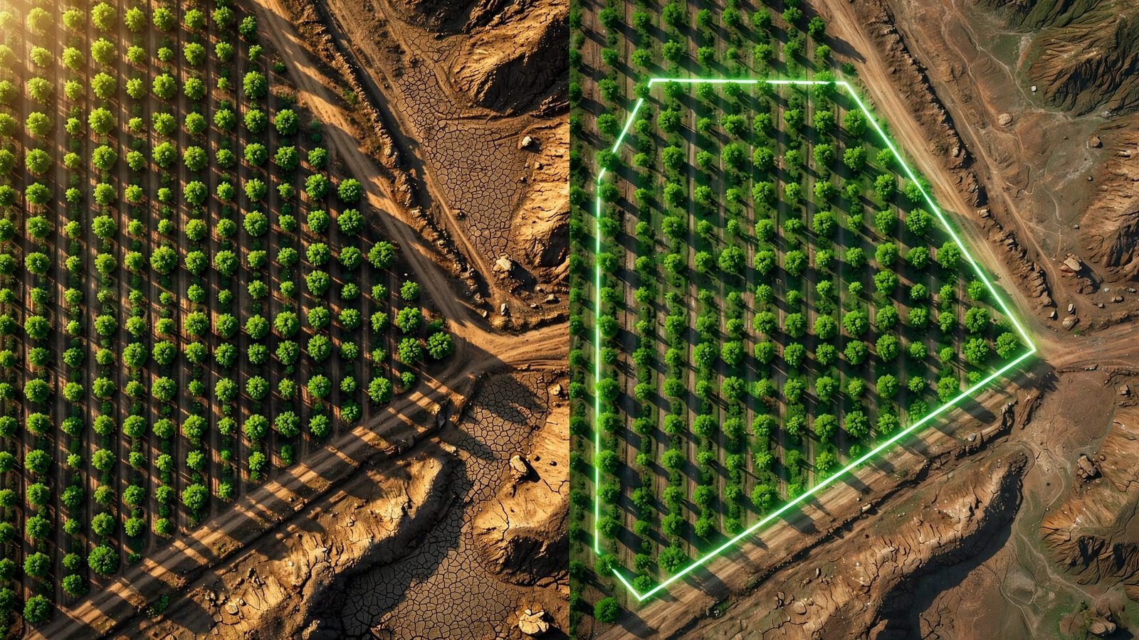 Aerial reforestation site beside a satellite map with a glowing boundary and greener vegetation.