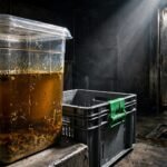 Sealed amber oil container beside a green-marked crate near a greasy kitchen drain.