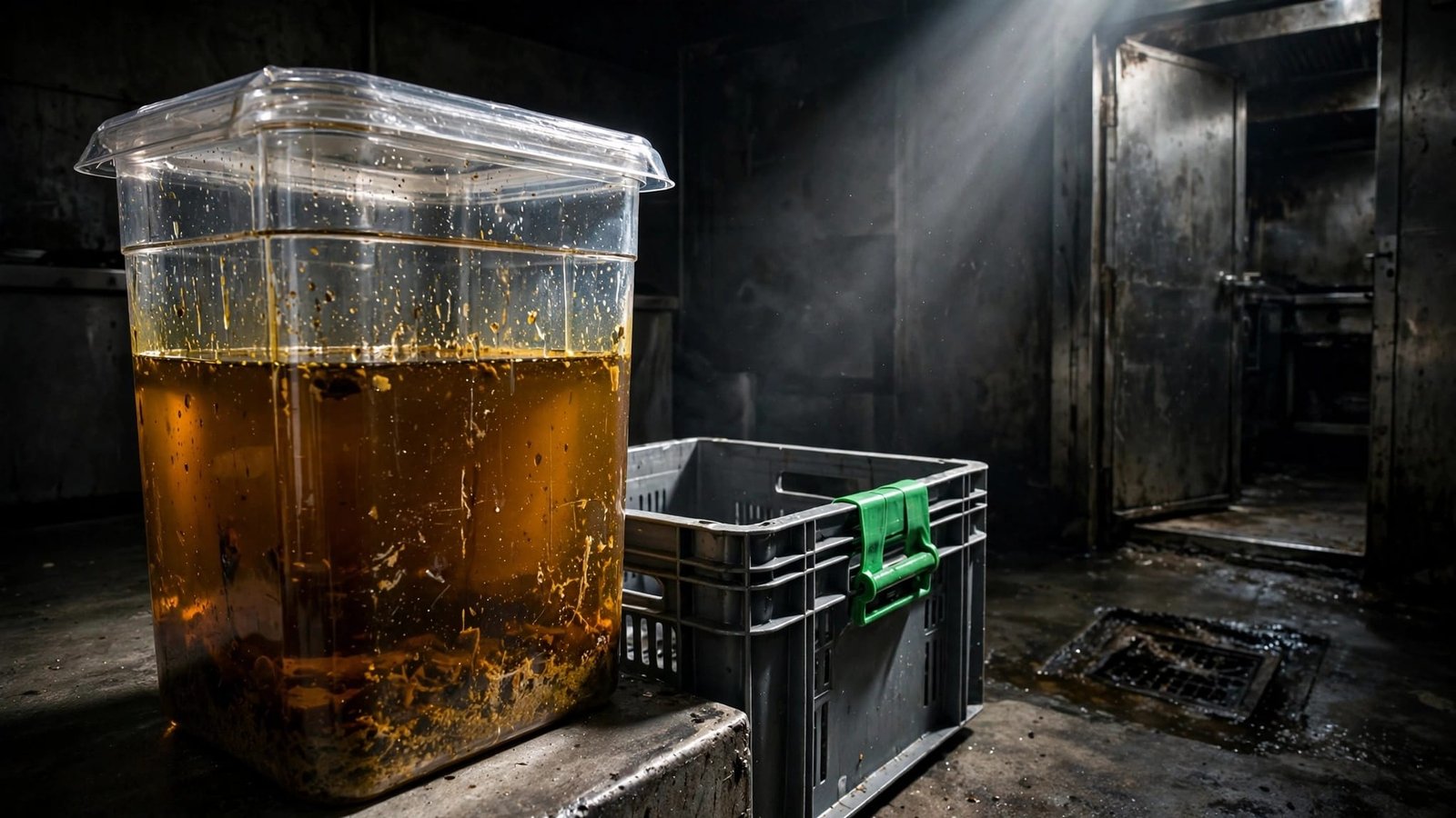 Sealed amber oil container beside a green-marked crate near a greasy kitchen drain.