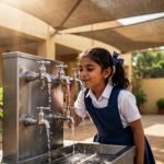 Schoolgirl drinking from a shaded stainless-steel water station in a sunny courtyard.